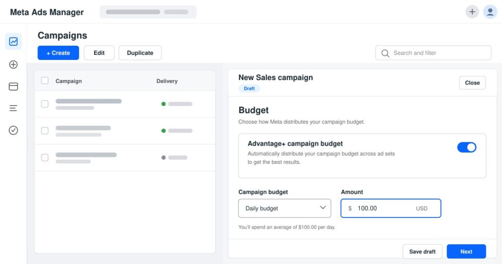 Раздел «Бюджет» в Meta Ads Manager с переключателем «Бюджет кампании Advantage+»